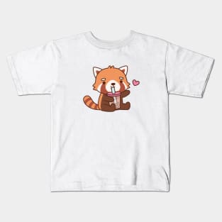 Cute Red Panda Loves Boba Tea Kids T-Shirt